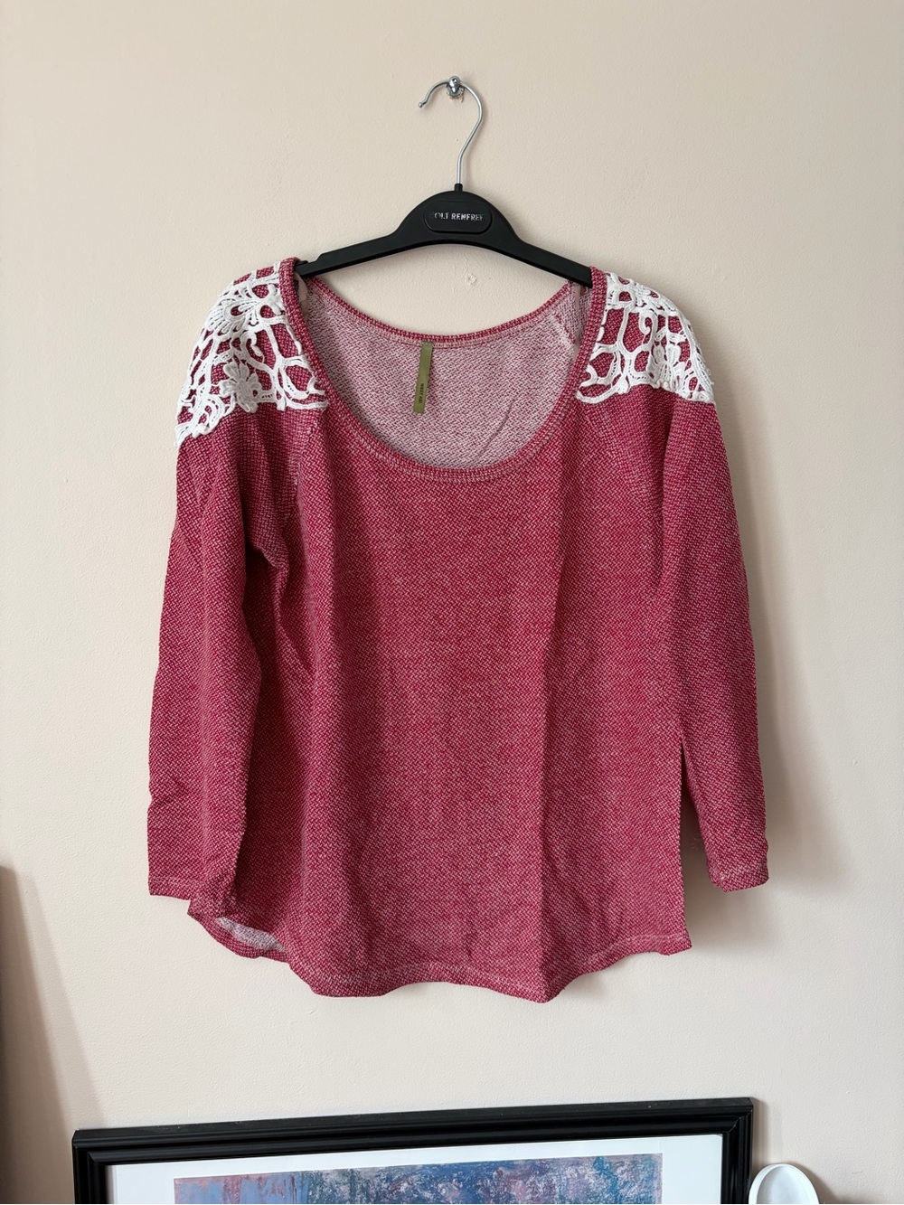 West Kei Raspberry Knit Top with White Lace Shoulders